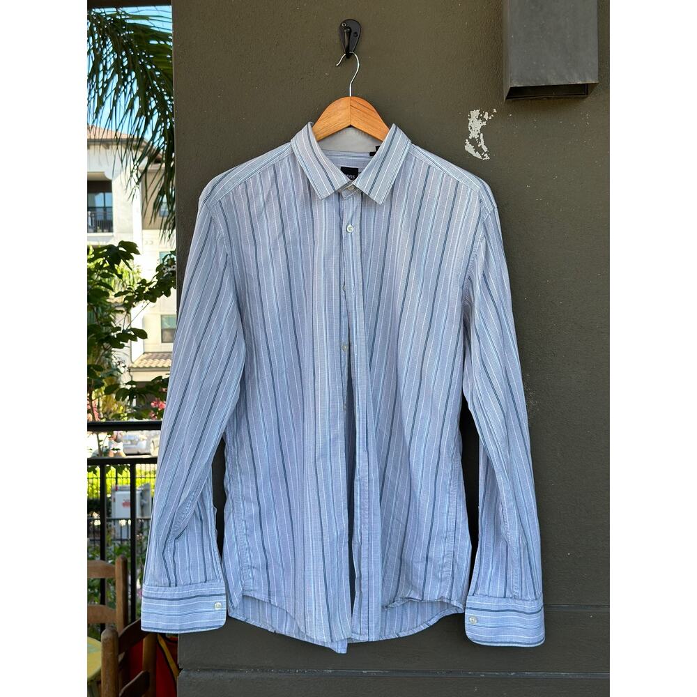 Hugo Boss Men’s Dress Shirt XL Slim Fit Blue White Stripe Button Up Long Sleeve